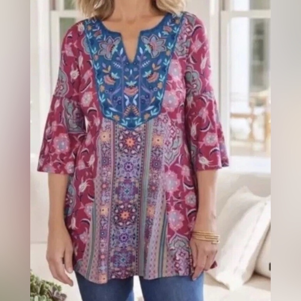 NWT Soft Surroundings Aili Embroidered Tunic Top Size PMed Artsy Bohemian
